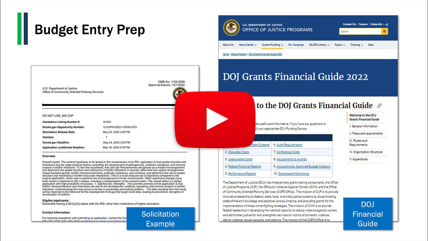 Screenshot from Budget Entry video showing an solicitation example and the DOJ Financial Guide