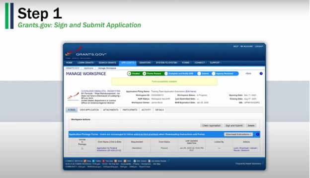 Click Here to Watch Video:  Step 1 - Grants.gov: Sign and Submit Application